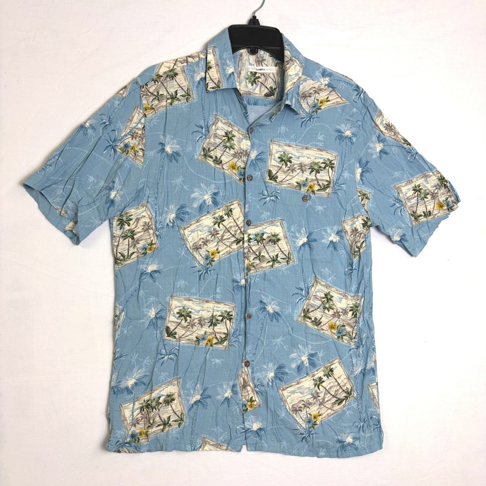 Moda‎ Campia Moda Mens Blue Tropical Palm Tree Postcard Rayon Aloha Shirt Medium